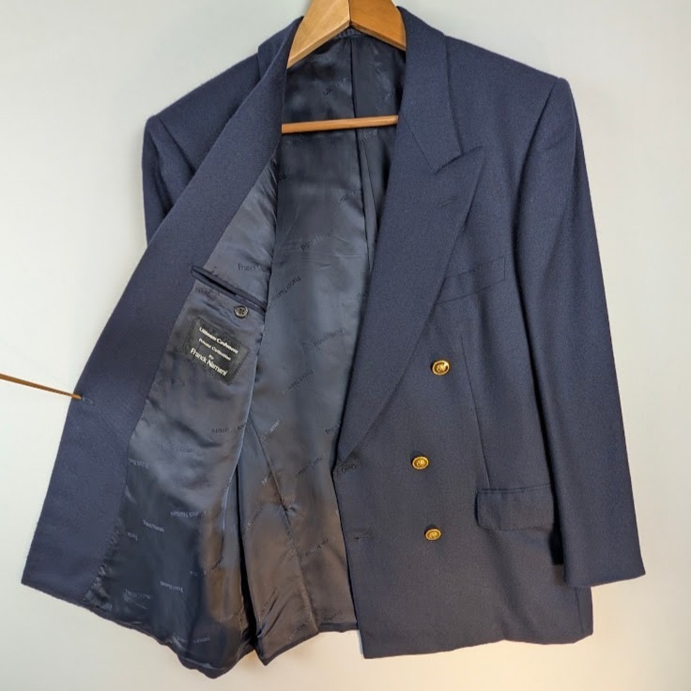Franck Namani Ultimum Cashmere Double Breasted Suit Jacket 43L Blue Gold Buttons